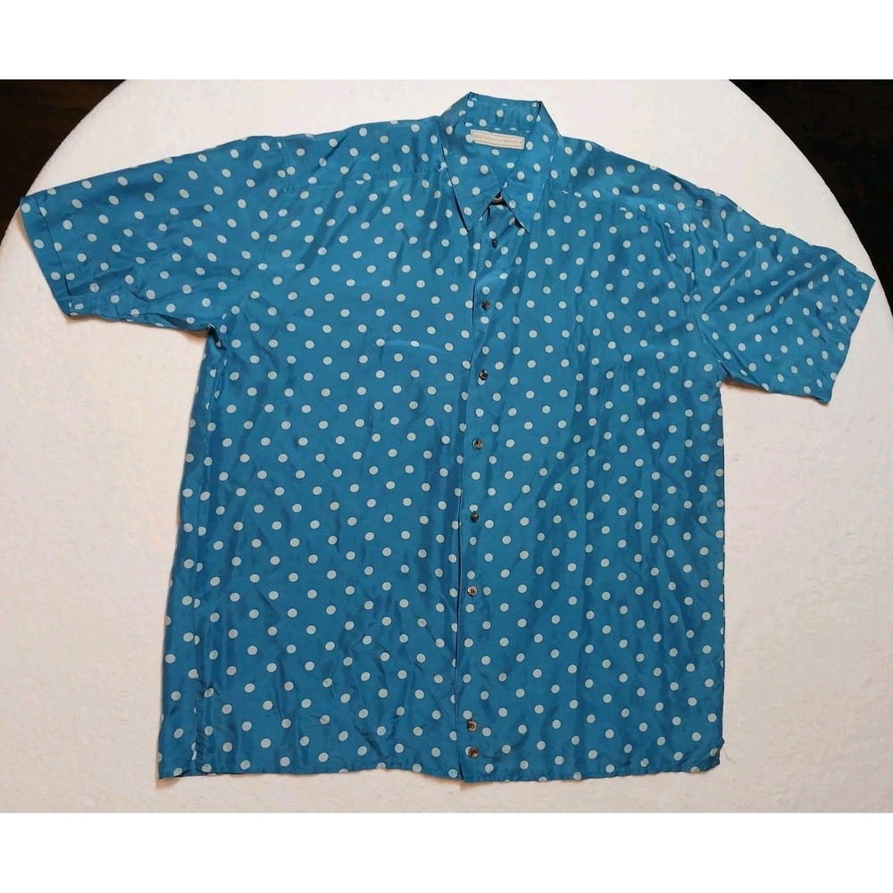 VTG Fenn Wright Manson 100% Silk Polka Dot Shirt Men's L Teal Blue Button Down